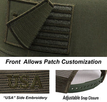 Load image into Gallery viewer, Antourage American Flag Flat Visor Constructed Mesh Snapback Hat + 2 Patriotic Patches - Olive
