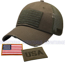 Load image into Gallery viewer, Antourage American Flag Mesh Snapback Unconstructed Unisex Trucker Hat + 2 Patriotic Patches - Olive
