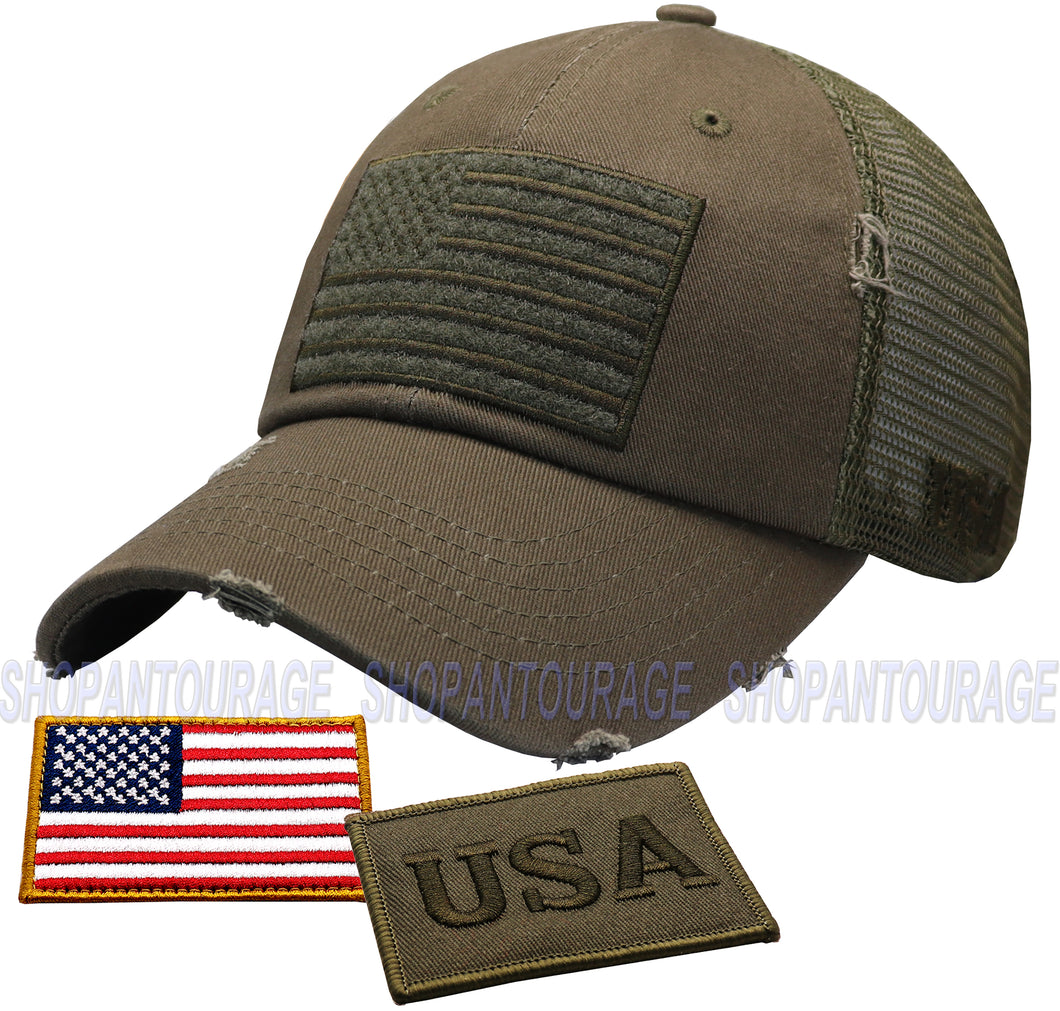 Antourage American Flag Mesh Snapback Unconstructed Unisex Trucker Hat + 2 Patriotic Patches - Olive