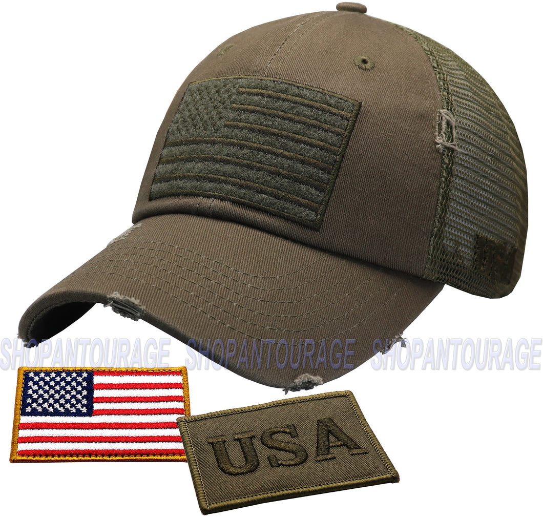 Antourage American Flag Distressed Mesh Collection Hat - Wholesale: Olive - 10 Units ($7.00 Ea.)