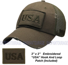 Load image into Gallery viewer, Antourage American Flag Mesh Snapback Unconstructed Unisex Trucker Hat + 2 Patriotic Patches - Olive
