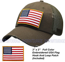 Load image into Gallery viewer, Antourage American Flag Mesh Snapback Unconstructed Unisex Trucker Hat + 2 Patriotic Patches - Olive
