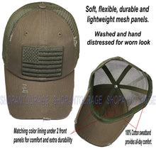 Load image into Gallery viewer, Antourage American Flag Mesh Snapback Unconstructed Unisex Trucker Hat + 2 Patriotic Patches - Olive
