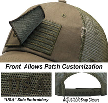 Load image into Gallery viewer, Antourage American Flag Mesh Snapback Unconstructed Unisex Trucker Hat + 2 Patriotic Patches - Olive
