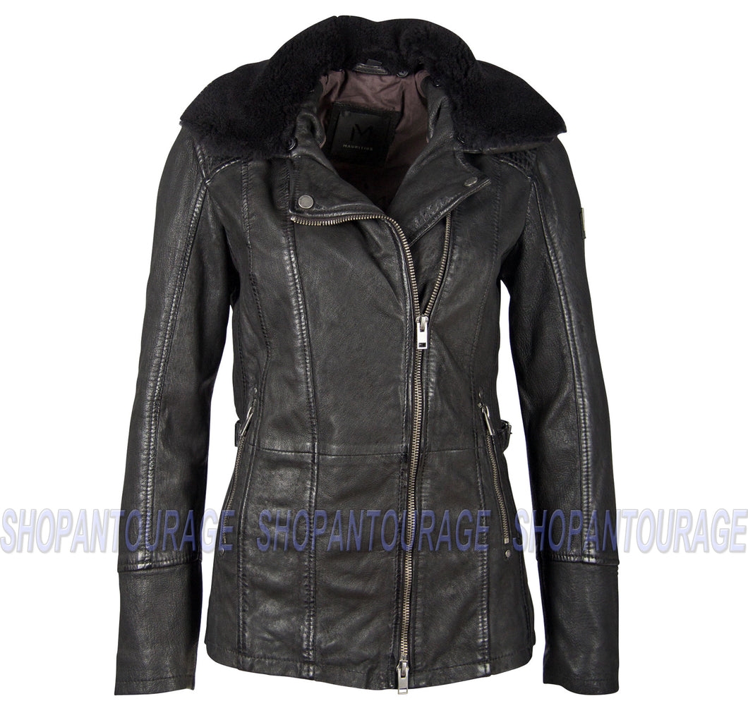 Mauritius Sallie 100% Genuine Lambskin Women`s Leather Jacket with Lamb Fur Collar