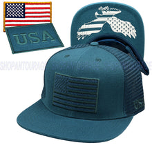 Load image into Gallery viewer, Antourage American Flag Flat Visor Constructed Mesh Snapback Hat + 2 Patriotic Patches - Teal
