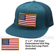 Load image into Gallery viewer, Antourage American Flag Flat Visor Constructed Mesh Snapback Hat + 2 Patriotic Patches + 2 Patriotic Patches - Wholesale: Teal - 10 Units ($8.00 Ea.)
