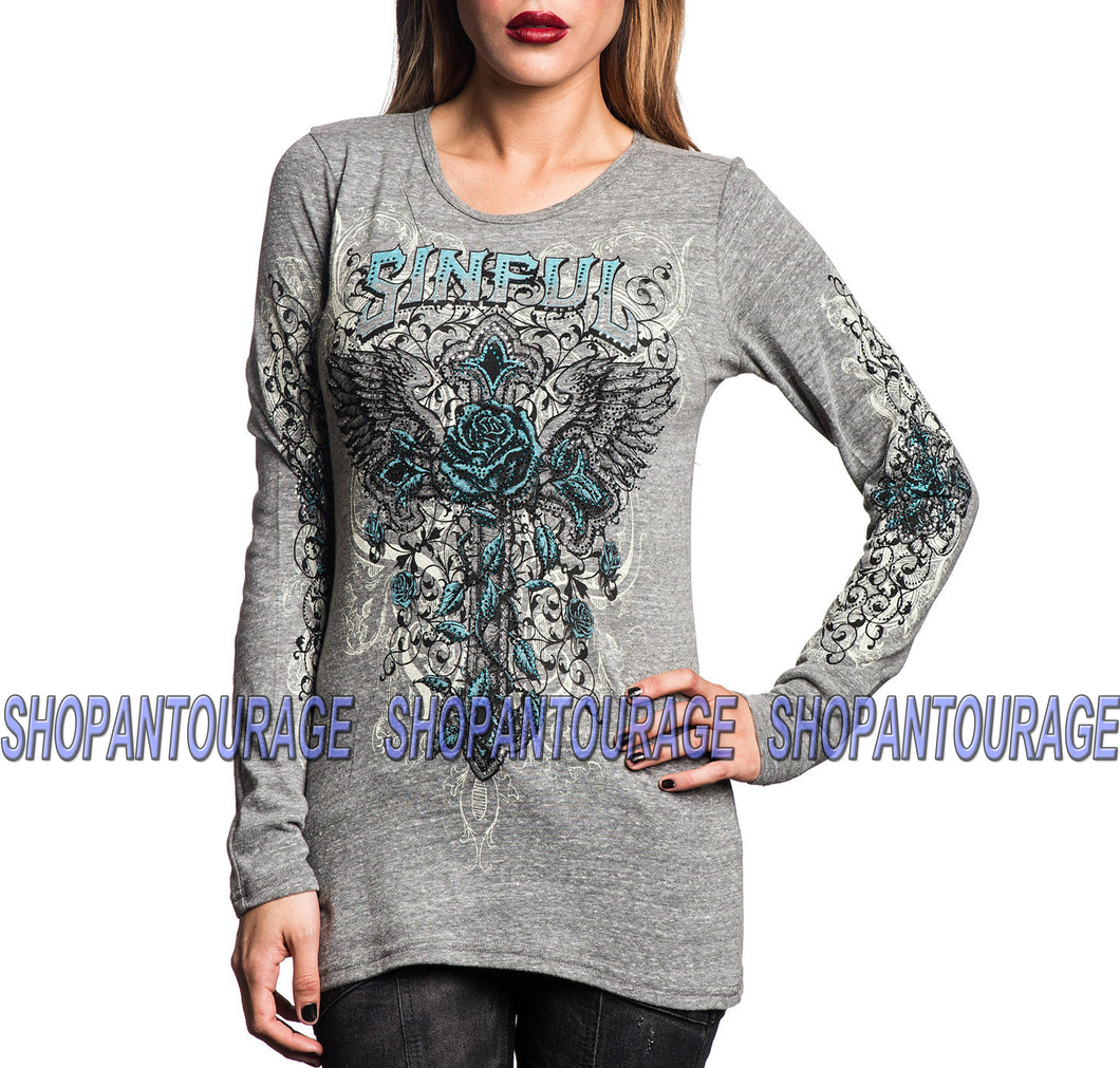 Sinful Twisted Vine S3876 Women`s New Long Sleeve Graphic Grey Top By Affliction