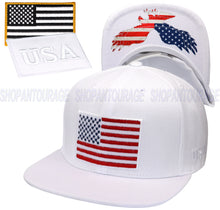 Load image into Gallery viewer, Antourage American Flag Flat Visor Constructed Snapback Hat + 2 Patriotic Patches - White
