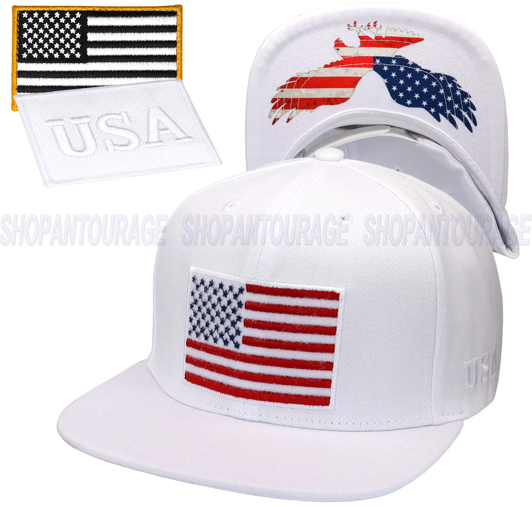 Antourage American Flag Flat Visor Constructed Snapback Hat + 2 Patriotic Patches - Wholesale: White - 10 Units ($8.00 Ea.)