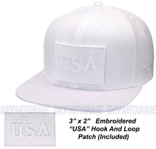 Load image into Gallery viewer, Antourage American Flag Flat Visor Constructed Snapback Hat + 2 Patriotic Patches - White
