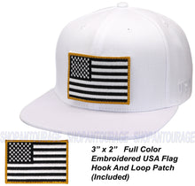 Load image into Gallery viewer, Antourage American Flag Flat Visor Constructed Snapback Hat + 2 Patriotic Patches - White
