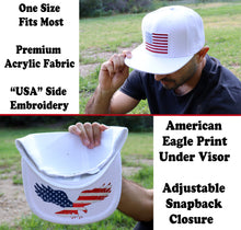 Load image into Gallery viewer, Antourage American Flag Flat Visor Constructed Snapback Hat + 2 Patriotic Patches - White
