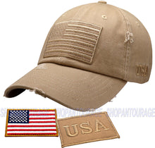 Load image into Gallery viewer, Antourage American Flag Distressed Cotton Collection Hat - Wholesale: Khaki - 10 Units ($8.00 Ea.)
