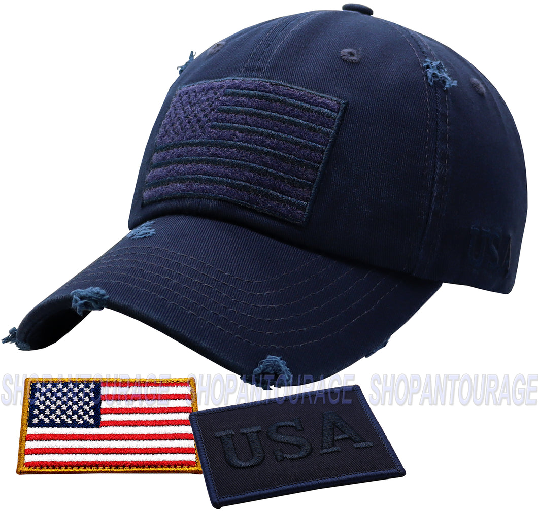 Antourage American Flag Distressed Cotton Collection Hat - Wholesale: Navy - 10 Units ($8.00 Ea.)