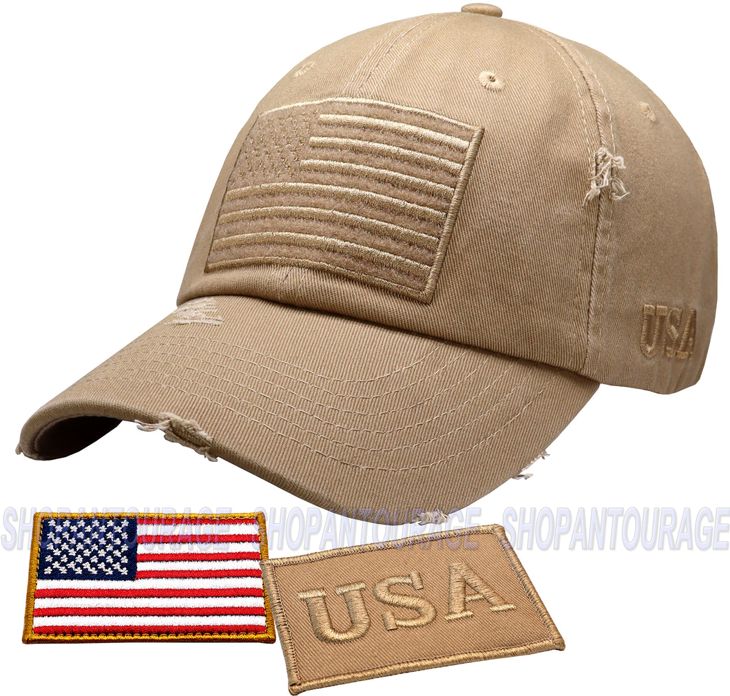 Antourage American Flag Hat for Men and Women | Vintage Baseball Tactical Hat Cap with USA Flag + 2 Patriotic Patches - Khaki