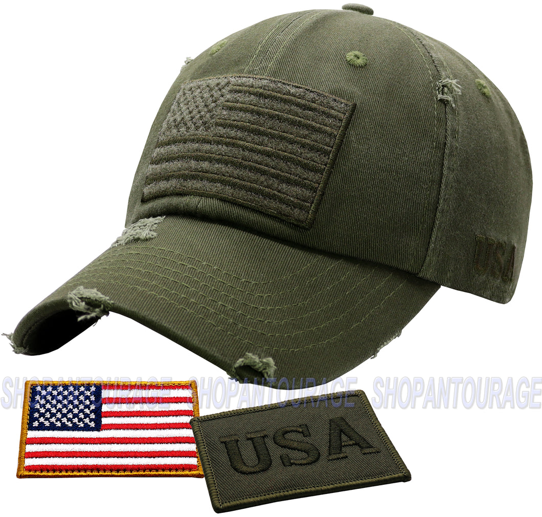 Antourage American Flag Hat for Men and Women | Vintage Baseball Tactical Hat Cap with USA Flag + 2 Patriotic Patches - Olive