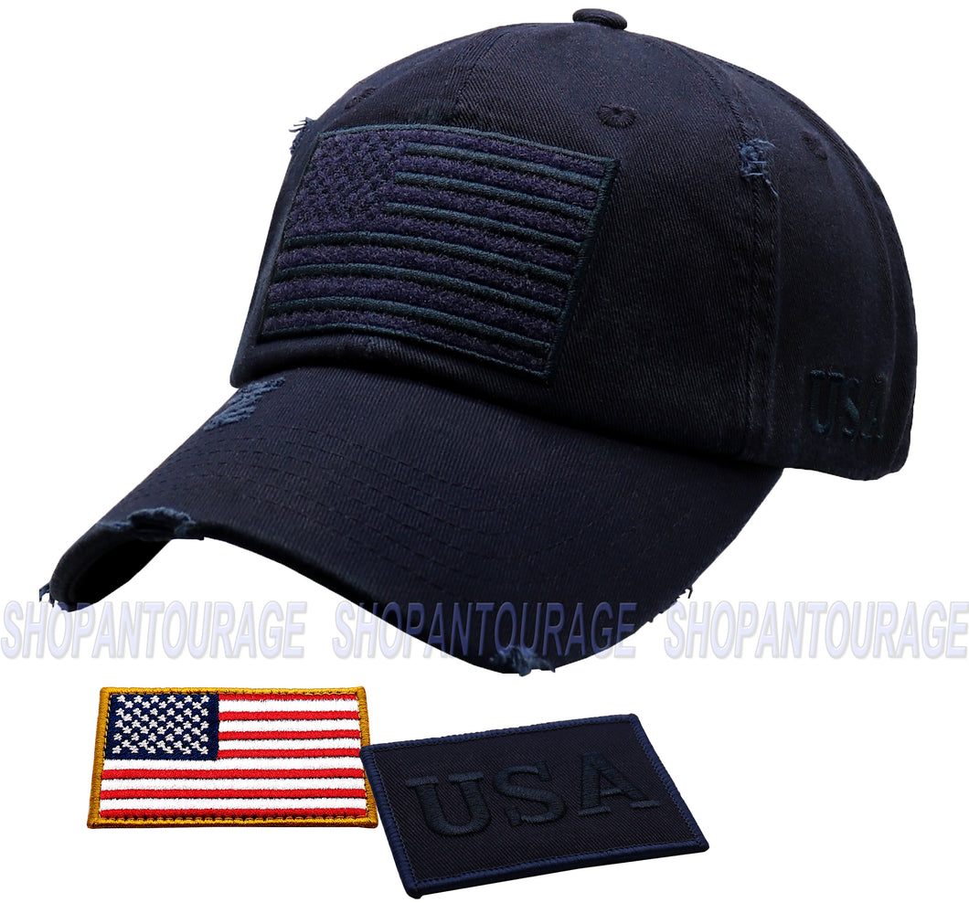 Antourage American Flag Hat for Men and Women | Vintage Baseball Tactical Hat Cap with USA Flag + 2 Patriotic Patches - Navy