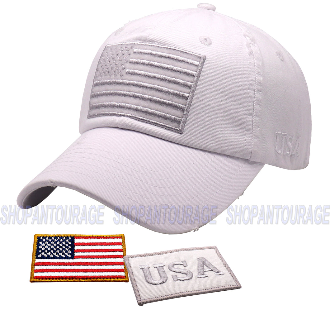 Antourage American Flag Hat for Men and Women | Vintage Baseball Tactical Hat Cap with USA Flag + 2 Patriotic Patches - White