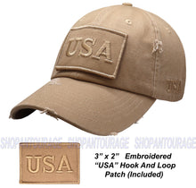 Load image into Gallery viewer, Antourage American Flag Distressed Cotton Collection Hat - Wholesale: Khaki - 10 Units ($8.00 Ea.)
