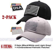 Load image into Gallery viewer, ANTOURAGE 2 PACK: American Flag Hat for Men And Women | Vintage Baseball Tactical Hat Cap With USA Flag + 4 Patches - Black/White + Lt.Grey
