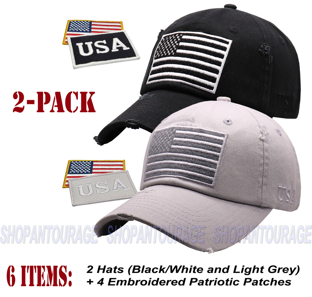 ANTOURAGE 2 PACK: American Flag Hat for Men And Women | Vintage Baseball Tactical Hat Cap With USA Flag + 4 Patches - Black/White + Lt.Grey