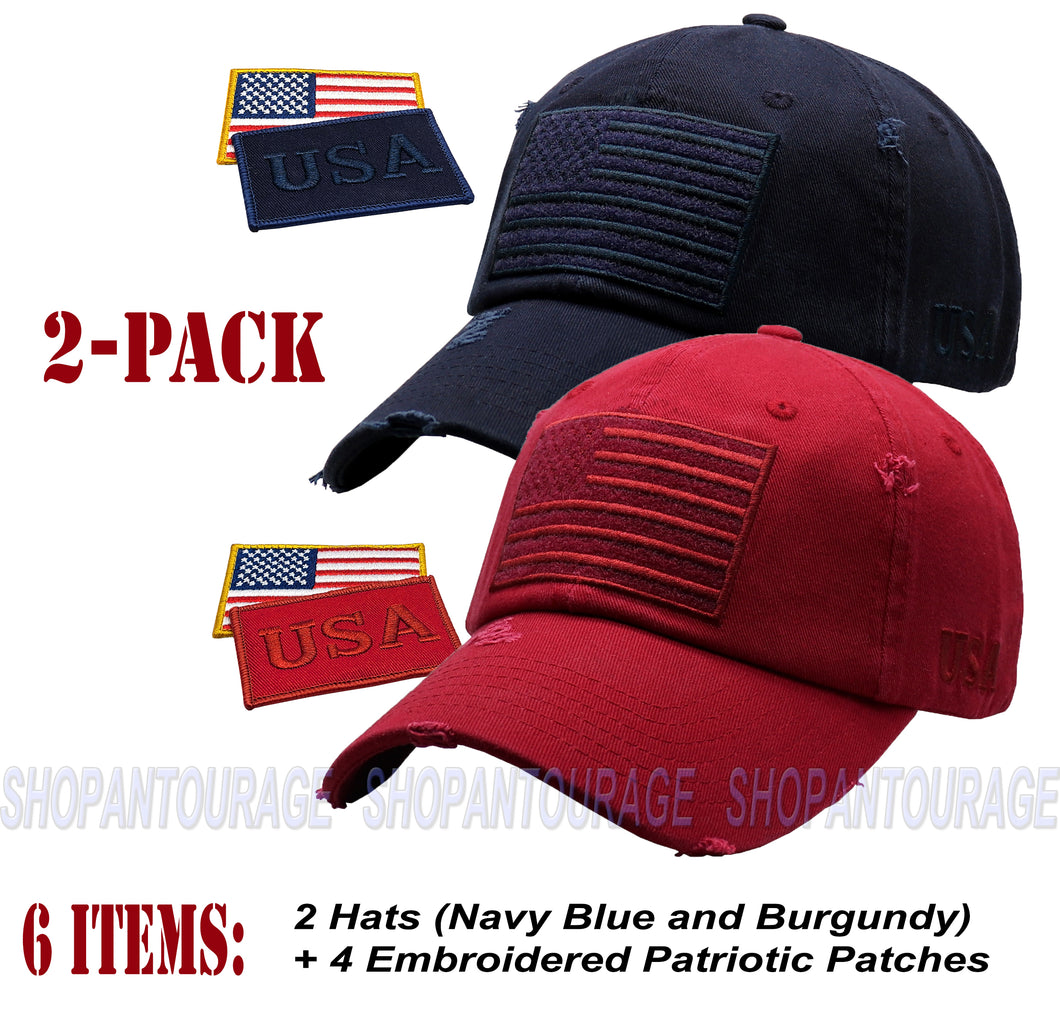 ANTOURAGE 2 PACK: American Flag Hat for Men And Women | Vintage Baseball Tactical Hat Cap With USA Flag + 4 Patches - Navy + Burgundy