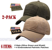 Load image into Gallery viewer, ANTOURAGE 2 PACK: American Flag Hat for Men And Women | Vintage Baseball Tactical Hat Cap With USA Flag + 4 Patches - Olive + Khaki
