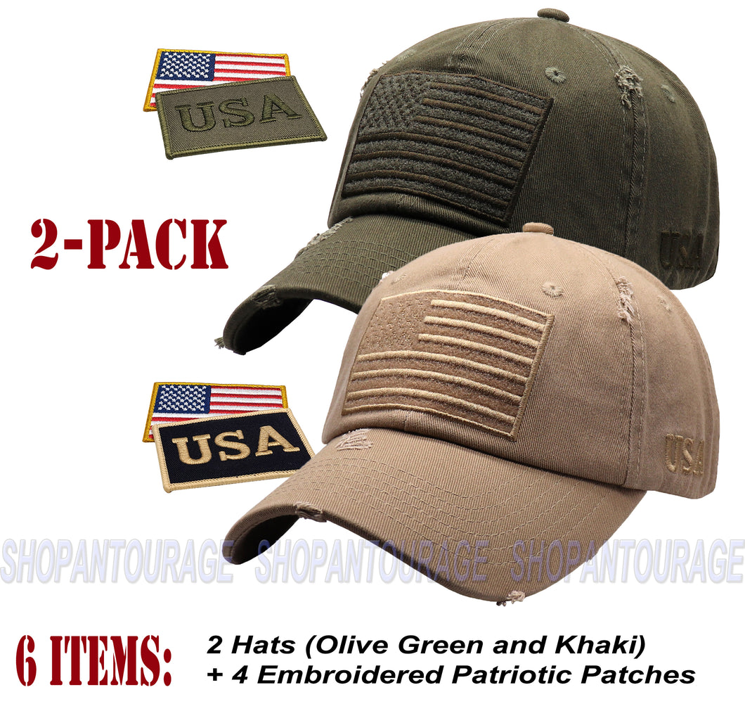 ANTOURAGE 2 PACK: American Flag Hat for Men And Women | Vintage Baseball Tactical Hat Cap With USA Flag + 4 Patches - Olive + Khaki