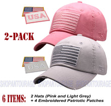 Load image into Gallery viewer, ANTOURAGE 2 PACK: American Flag Hat for Men And Women | Vintage Baseball Tactical Hat Cap With USA Flag + 4 Patches - Pink+Lt.Grey
