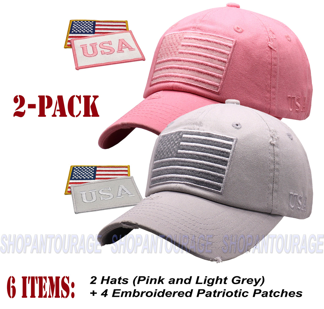 ANTOURAGE 2 PACK: American Flag Hat for Men And Women | Vintage Baseball Tactical Hat Cap With USA Flag + 4 Patches - Pink+Lt.Grey