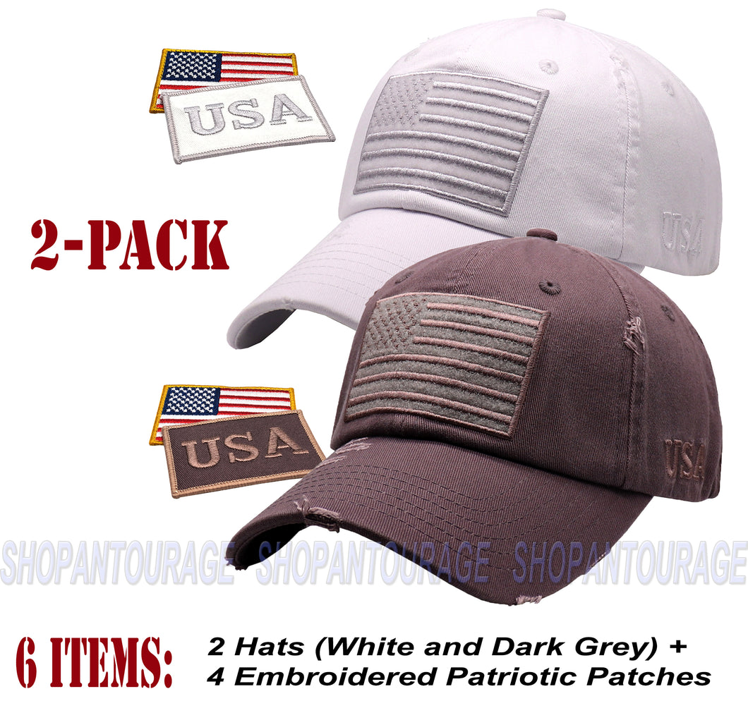 ANTOURAGE 2 PACK: American Flag Hat for Men And Women | Vintage Baseball Tactical Hat Cap With USA Flag + 4 Patches - White+Dr.Grey