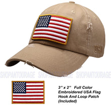 Load image into Gallery viewer, Antourage American Flag Distressed Cotton Collection Hat - Wholesale: Khaki - 10 Units ($8.00 Ea.)
